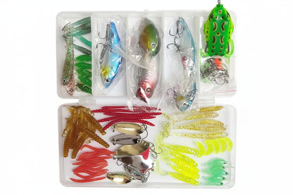 109-piece fishing lure set with various types of lures in a clear organizer.