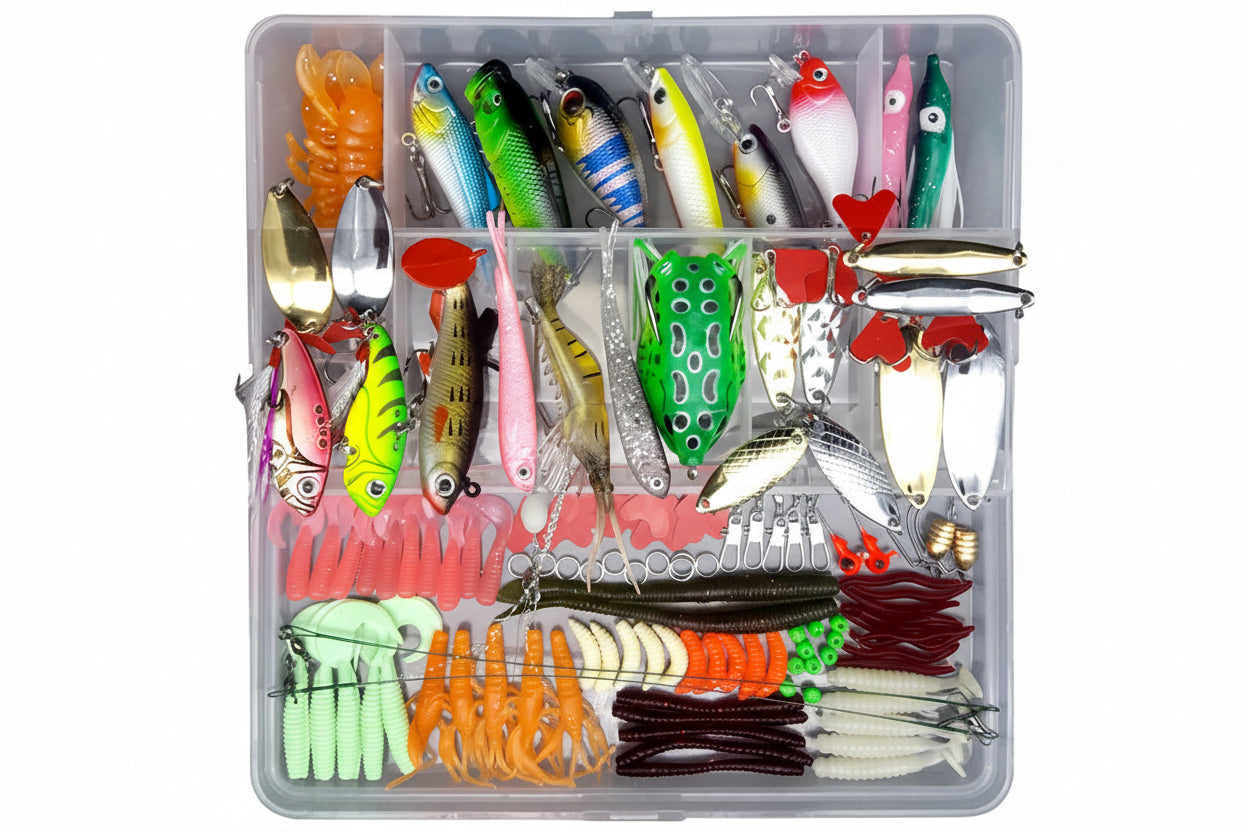 122-piece fishing lure set with various types of lures in a clear box.