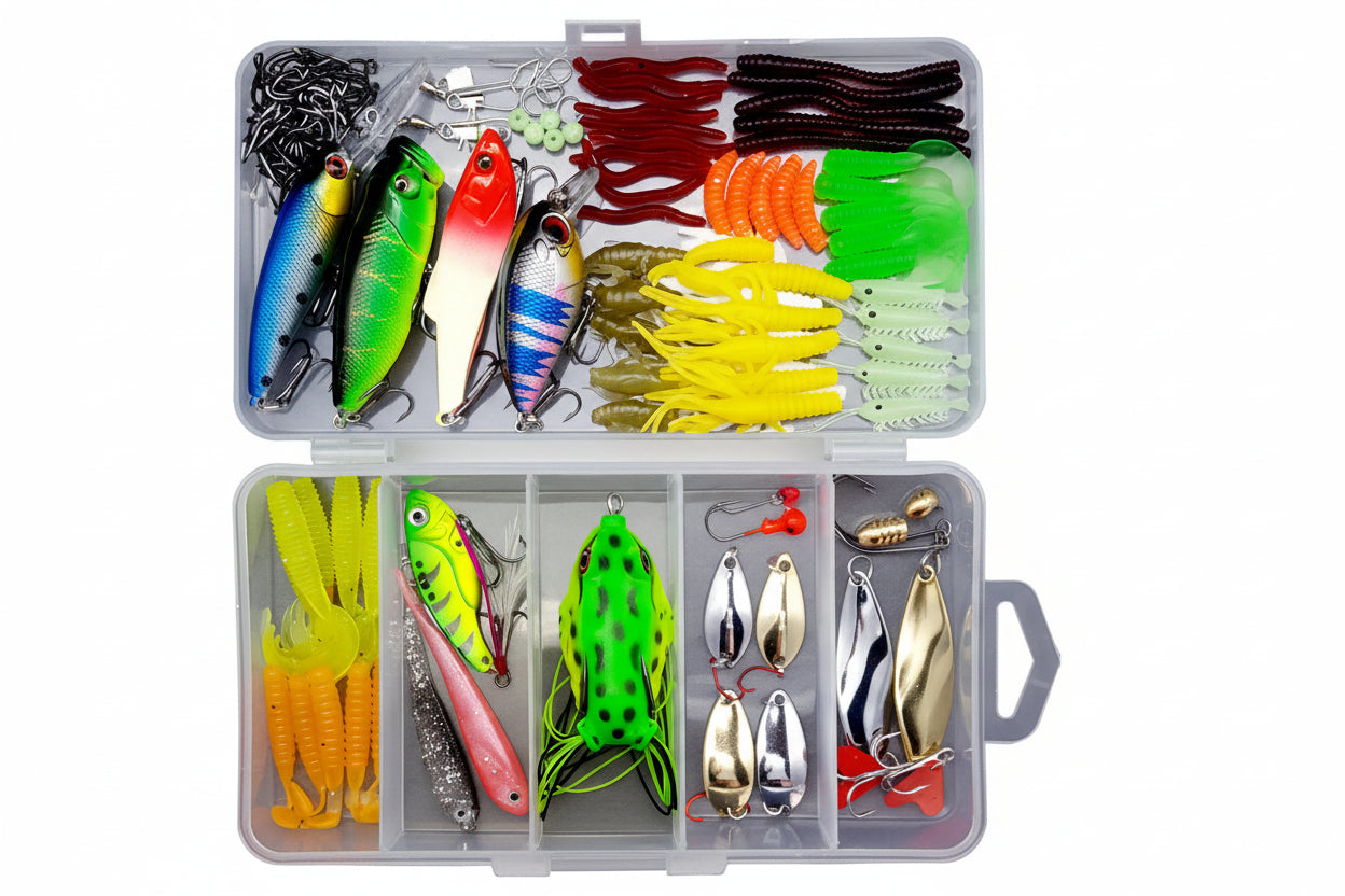 109-piece fishing lure set with various types of lures and accessories on a white background.