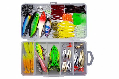 109-piece fishing lure set with various types of lures and accessories on a white background.